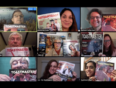 People on Zoom meeting holding up Toastmaster magazines