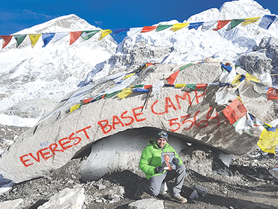 Anand Sharma of Mesaieed, Qatar, reaches the base camp of Mount Everest in Nepal—Earth’s highest mountain.