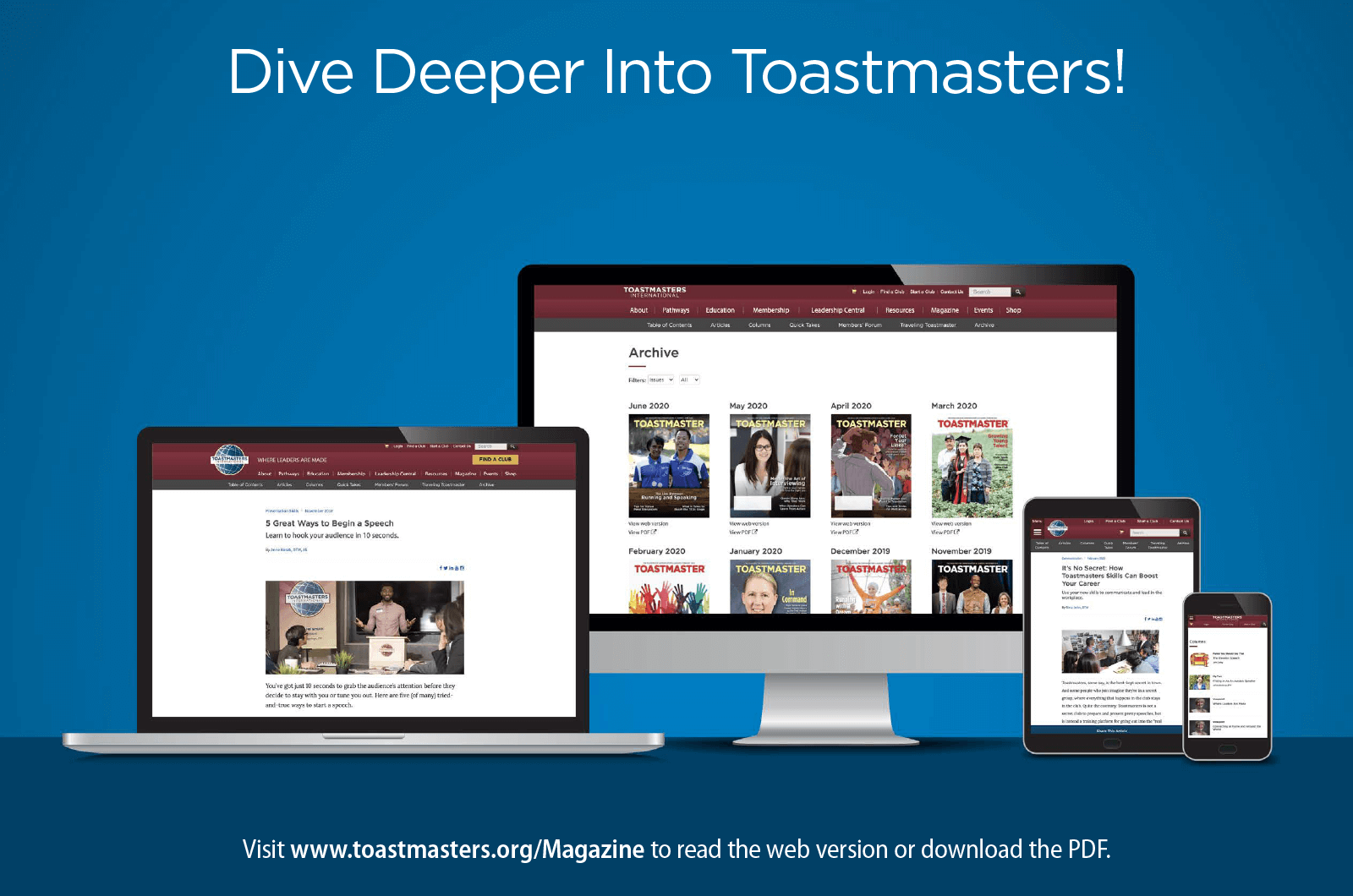 Image of digital Toastmaster magazine on laptop, desktop, iPad, and mobile device