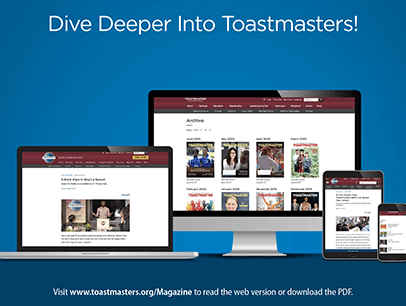 Image of digital Toastmaster magazine on laptop, desktop, iPad, and mobile device