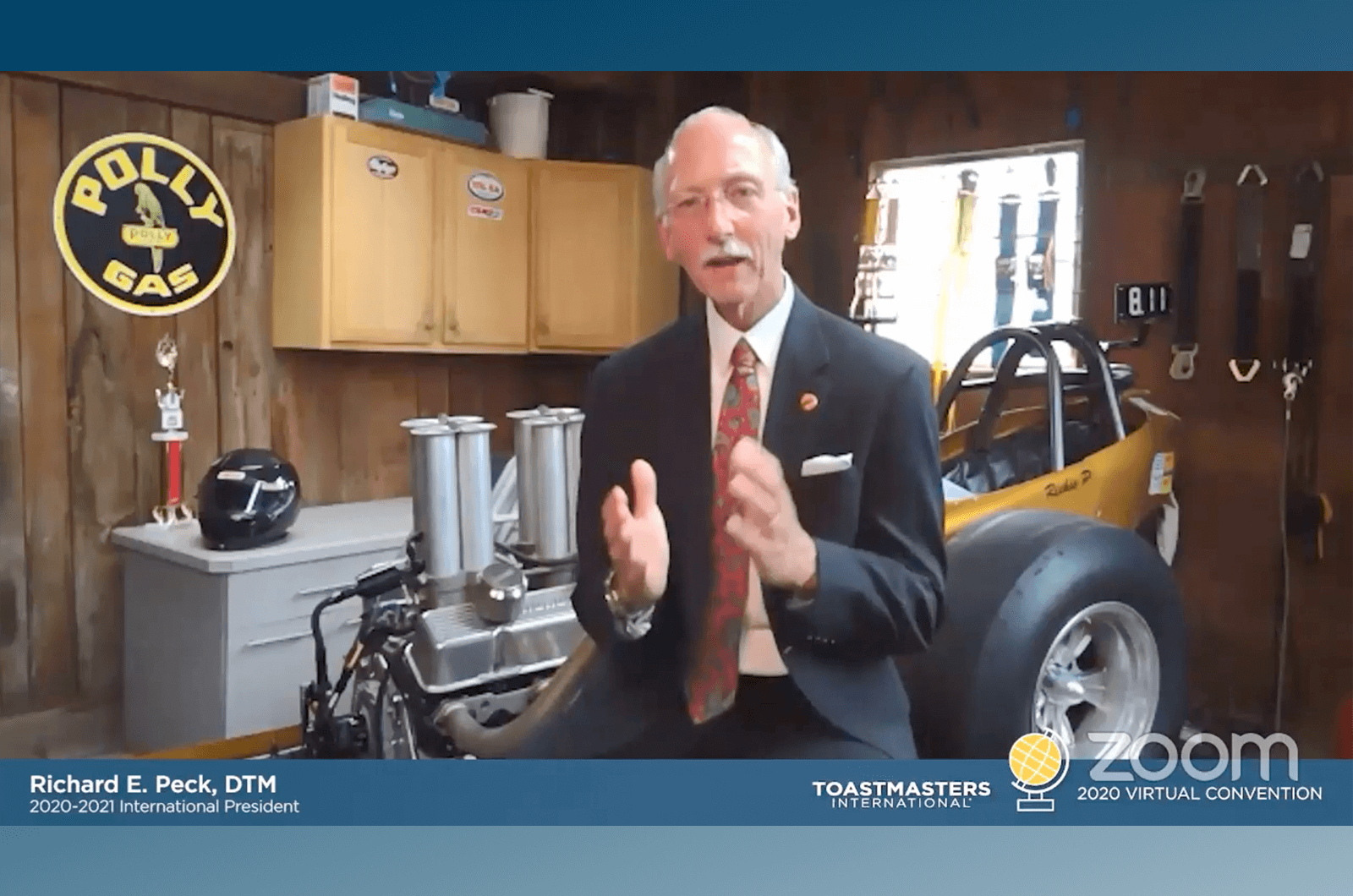 Toastmasters International President Richard E. Peck speaking in his garage