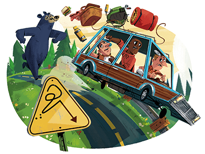 Illustration of a bear chasing car of people down the road