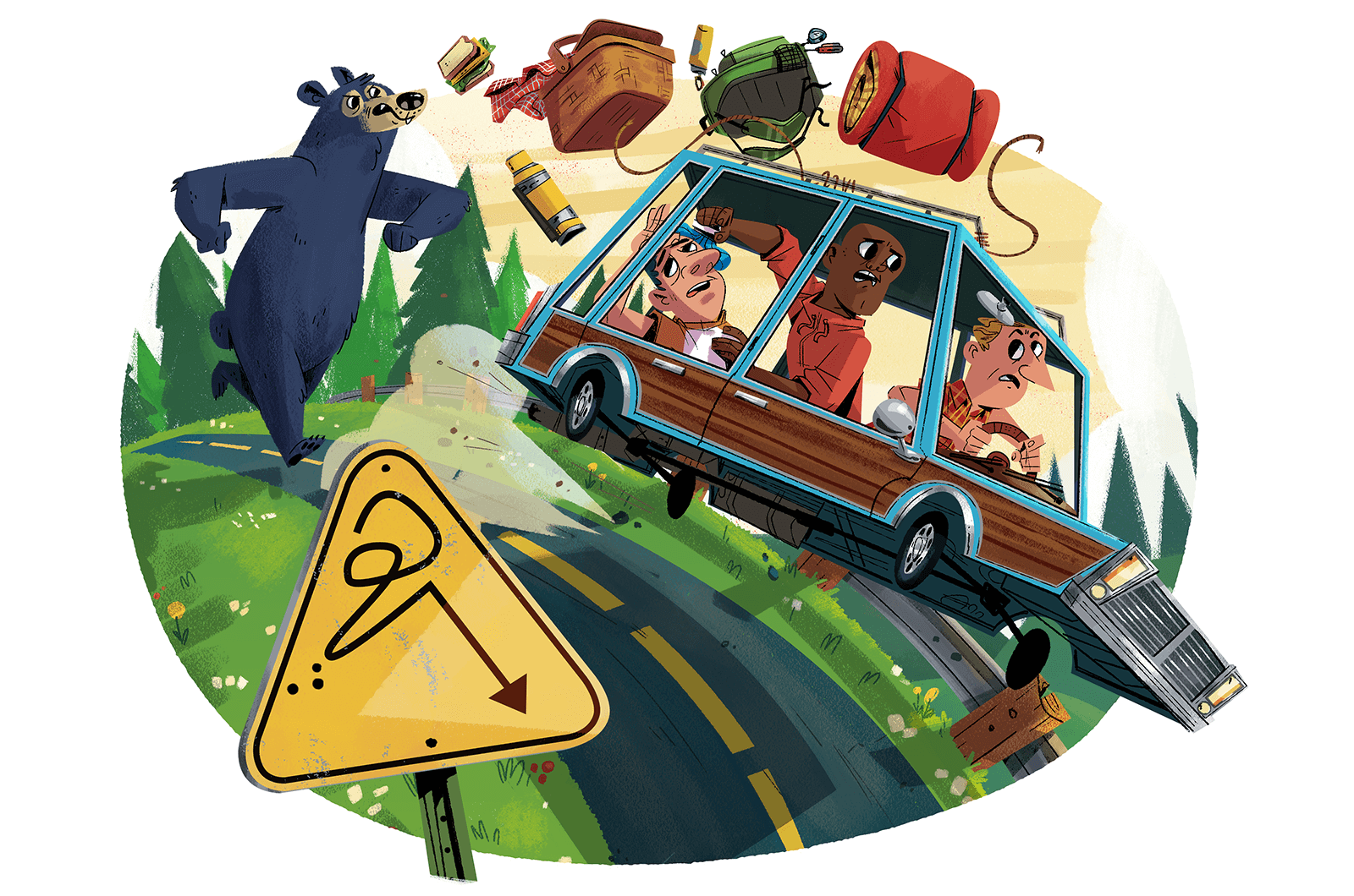 Illustration of a bear chasing car of people down the road