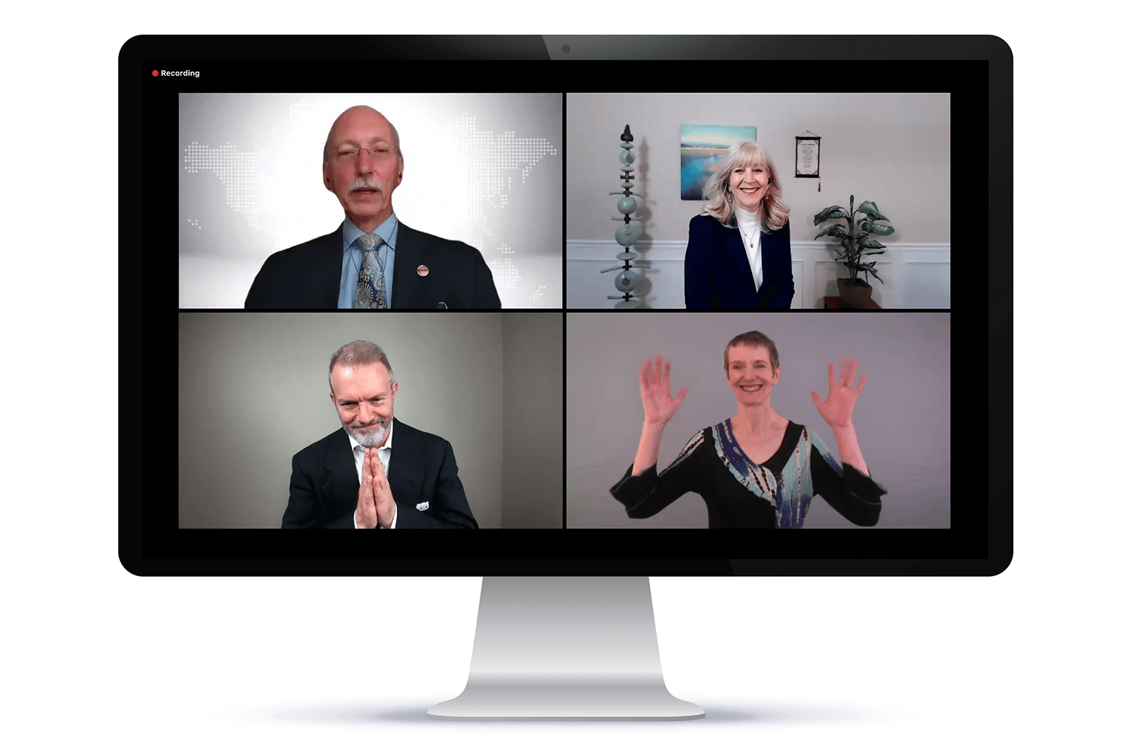 Richard E. Peck and the three winners of the 2020 Toastmasters World Championship smiling on Zoom screen