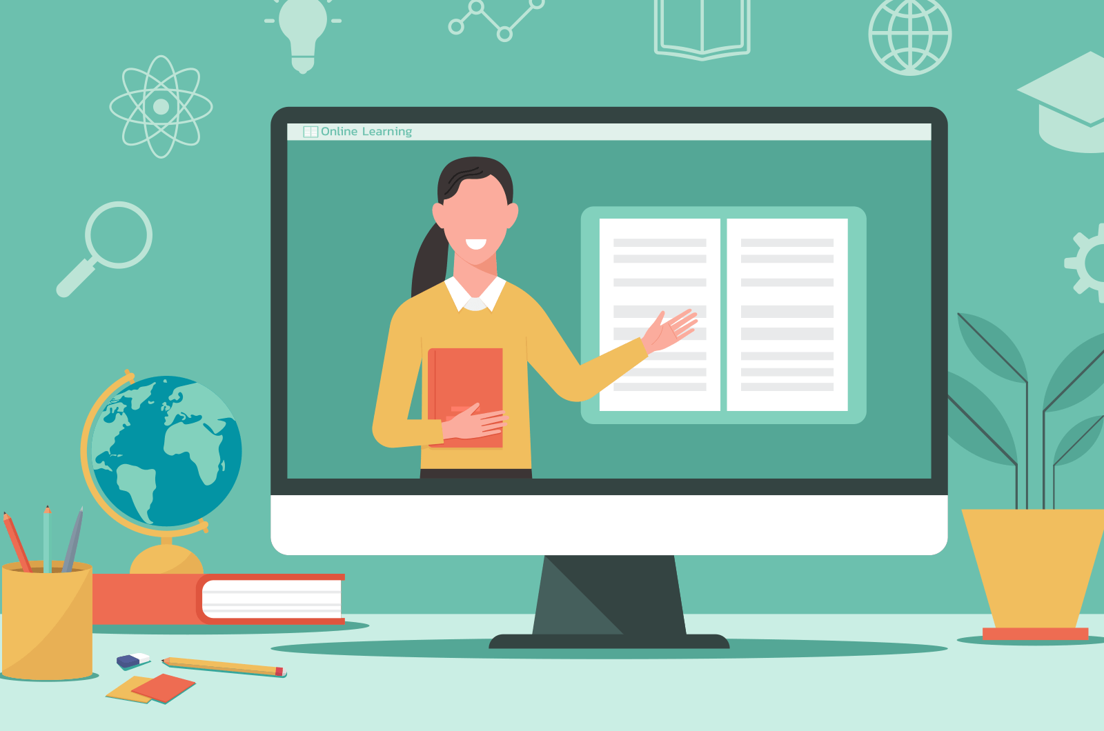 Cartoon female teacher coming out of laptop with books, globe, coffee, and plant surrounding