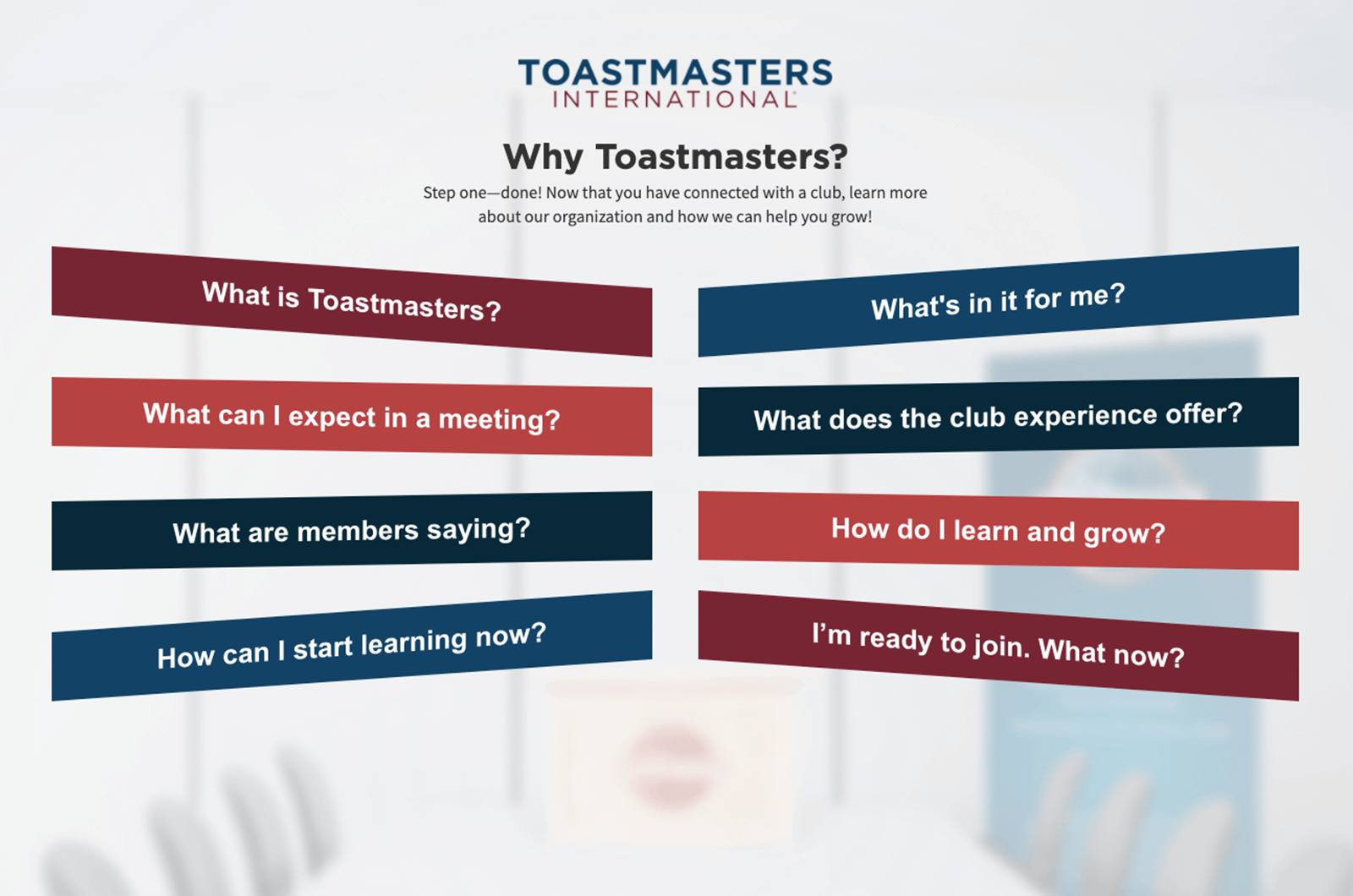 Toastmasters webpage with eight elements  