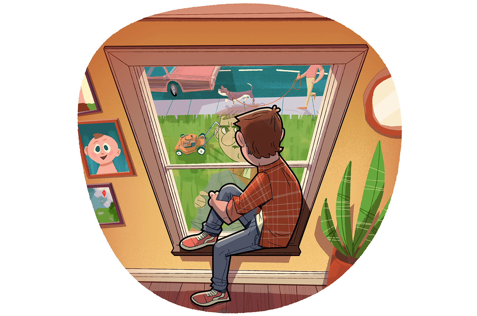 Illustration of man looking out window at yard