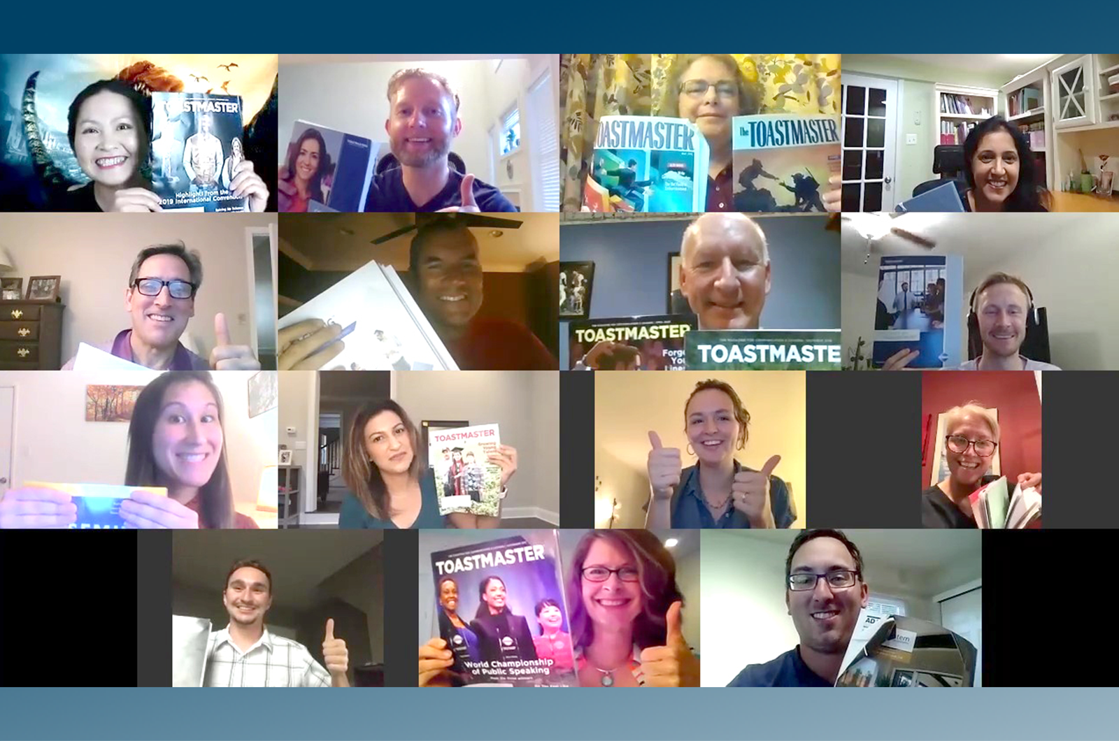 Group of people on Zoom call holding up Toastmaster magazines