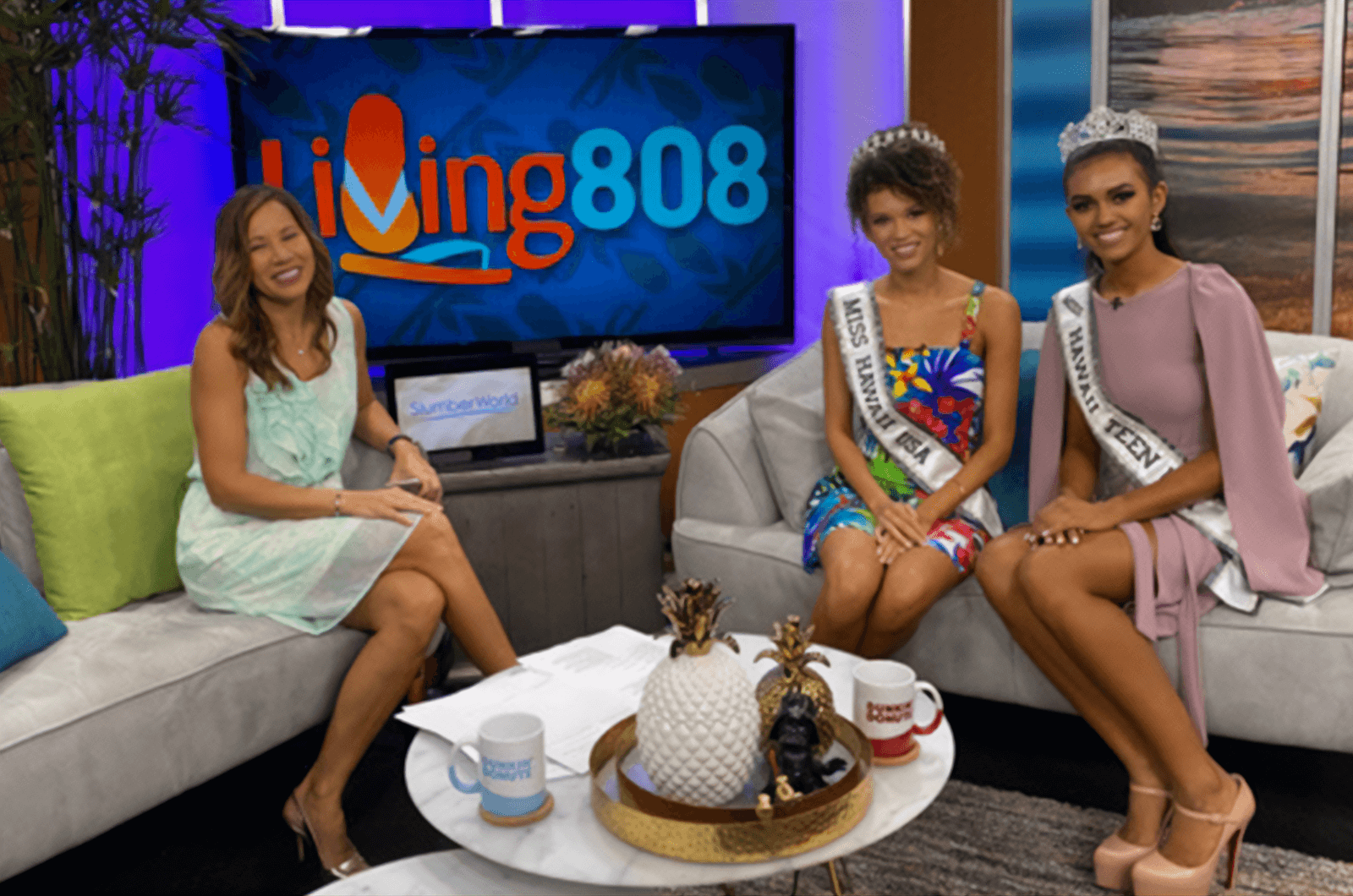 Neyland poses next to Miss Hawaii Teen USA Kiʻilani Arruda (right) during a TV interview with Living 808. Photo Credit: BK Photo