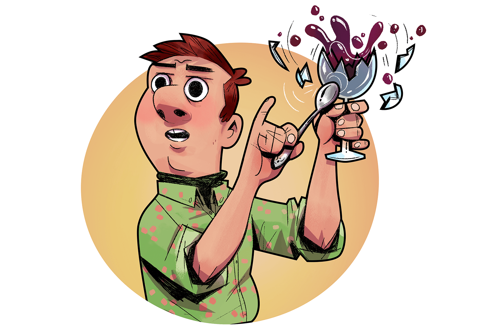 Illustration of man in green shirt breaking wine glass