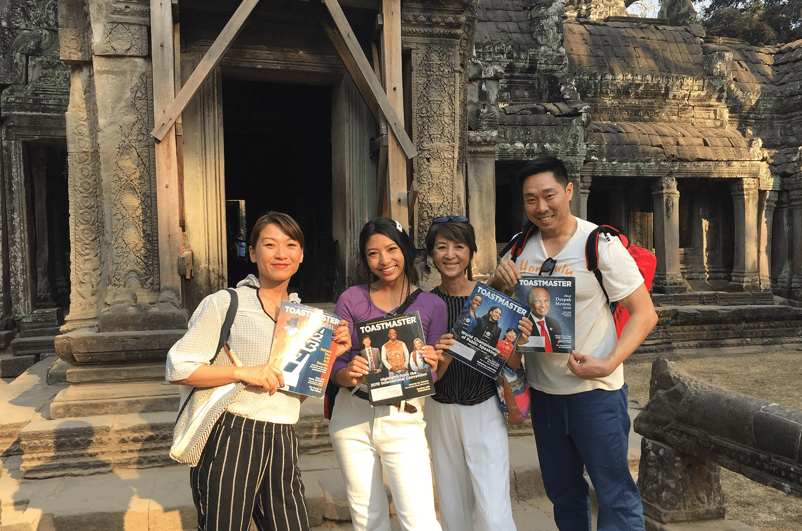 Judy Thang, James Park, Tiffany Wong, and Jojo Chu of Los Angeles, California, explore temples of Angkor Wat near Siem Reap, Cambodia in January 2020. 