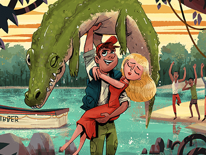Illustration of man holding up crocodile and saving women