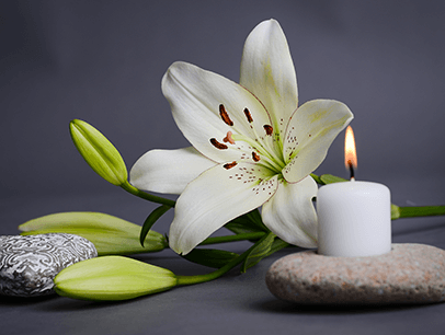 Flower next to candle and rocks