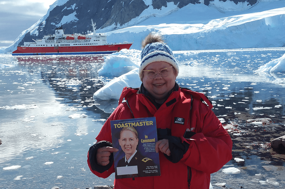 Laverne Wojciechowski,DTM, of Lac du Bonnet, Manitoba, Canada, poses in Neko Harbor, Antarctica, in February 2020.