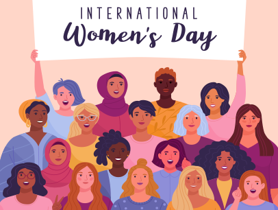 Illustrated women holding up International Women's Day sign