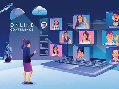 Cartoon woman looking at others during online conference
