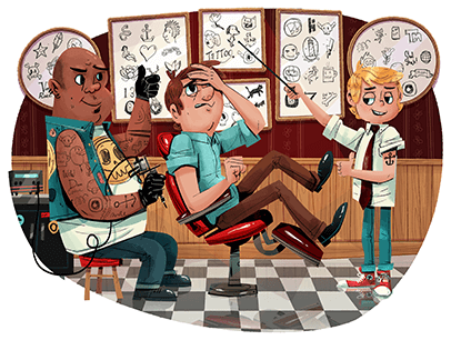 Illustration of man at tattoo parlor
