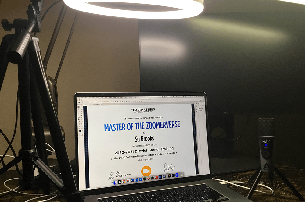 Su Brooks shares a photo that reflects the pride she has for being recognized for service as a Zoom Master for training sessions in August 2020.