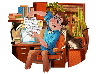Illustration of man sitting at desk next to cat