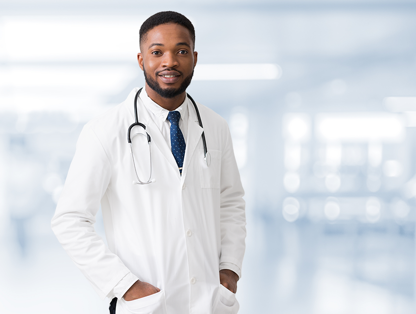 Male doctor in white coat with stethoscope