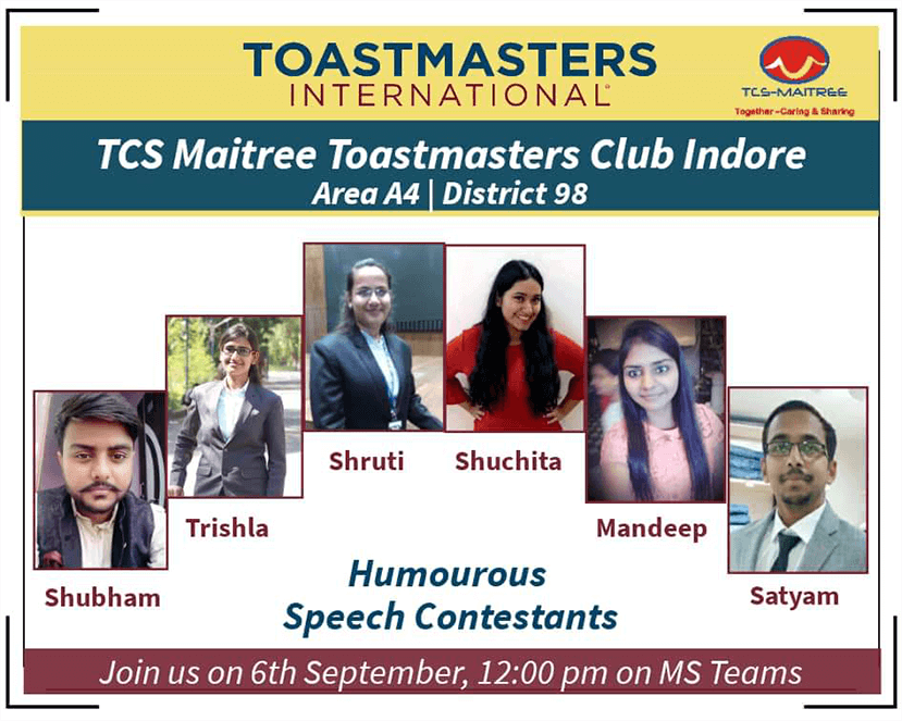 Humorous Speech Contestants are featured on this promotional flier with Toastmasters’ branded colors.