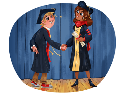 Illustration of two men in cap and gown shaking hands