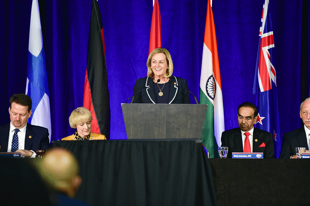 Page addresses the audience as Second Vice President during the Board briefing at the 2019 International Convention in Denver, Colorado.