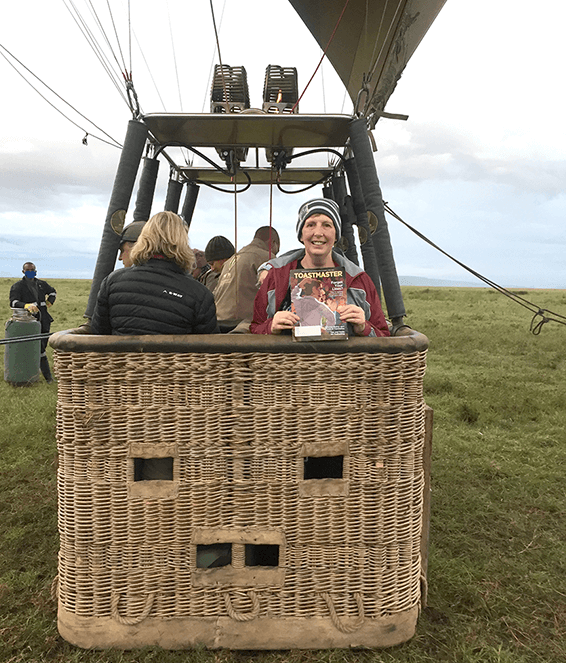 Shirley Anne Van Rensburg of New Germany, South Africa, celebrates her 60th birthday in a hot air balloon in the Serengeti of Tanzania.