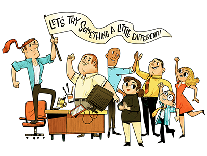 Illustration of man holding up banner with employees cheering