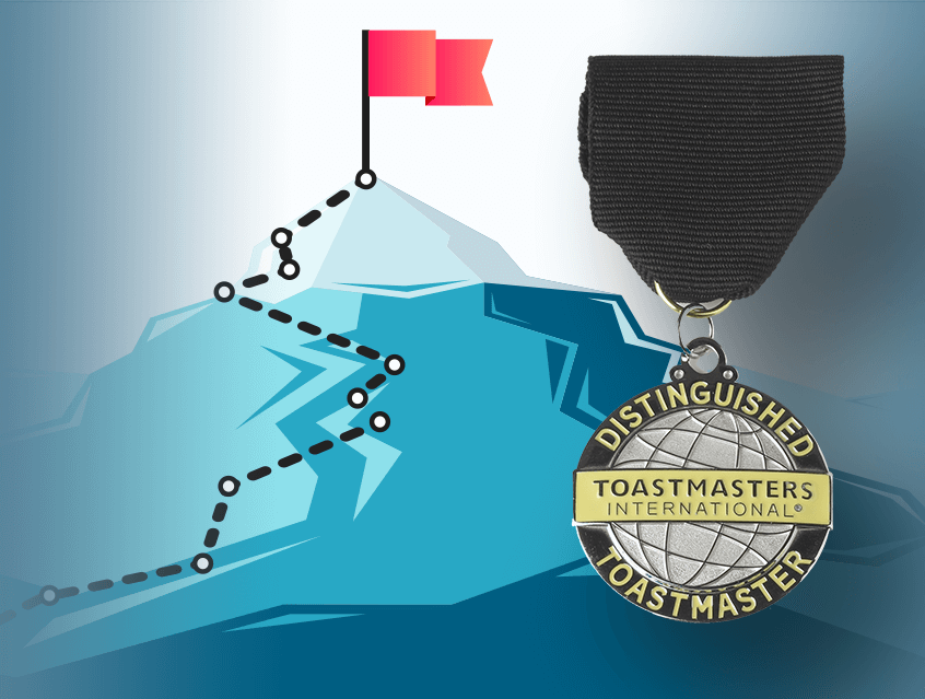 Illustrated mountain with path leading to flag with DTM medallion