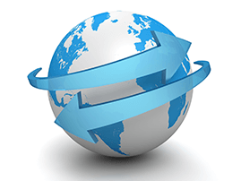 Blue and white globe with arrows around it