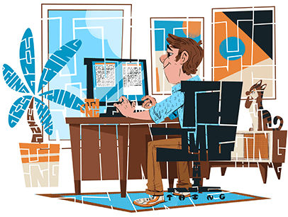 Illustration of man looking at computer
