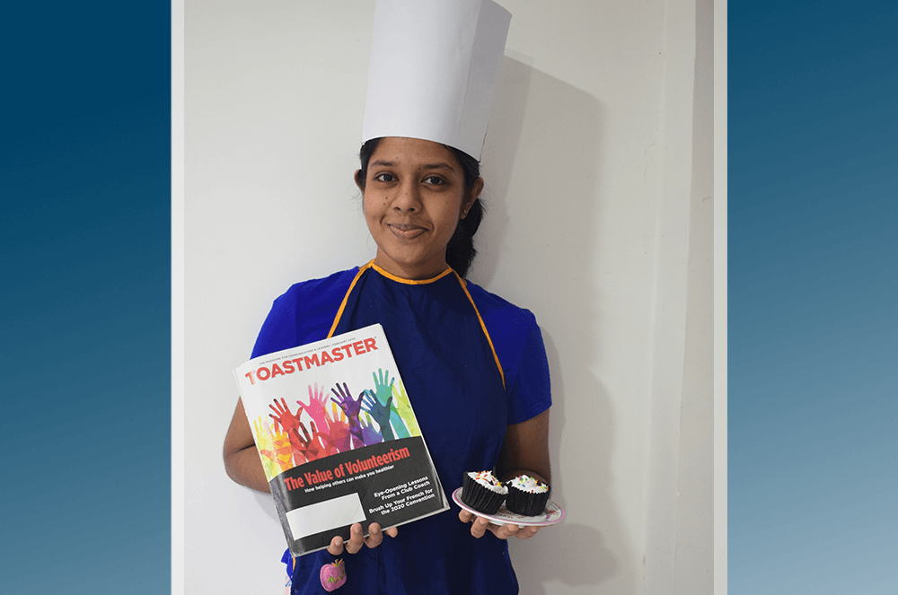 Sonali Subasinghe of Tholangamuwa, Sabaragamuwa, Sri Lanka, dresses up to serve as Toastmaster of the Day for her club’s kitchen-themed meeting.