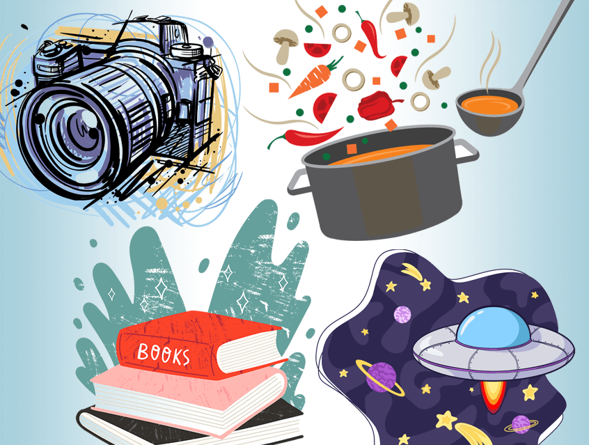 Small icons of books, cooking pot, camera, and outer space