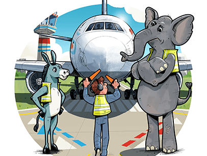 Illustration of a donkey, elephant, and man directing an airplane