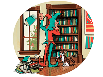 Illustration of jester throwing books off shelf