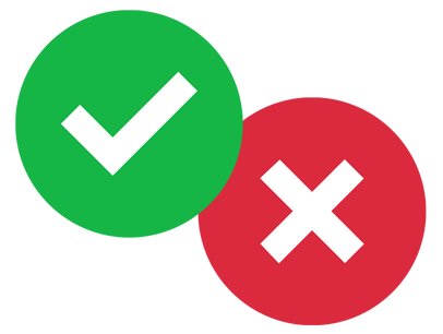 White checkmark in green circle and white x in red circle