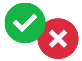 White checkmark in green circle and white x in red circle