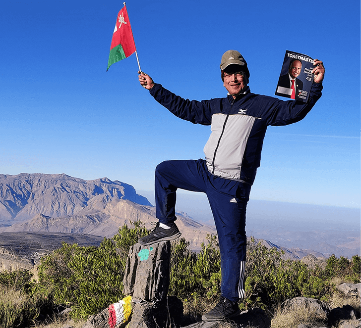Govind Negi, DTM, of Muscat, Oman, summits Jabal Shams—the highest mountain in the Hajar Range and the first place to receive sunrise in Oman due to its high peak.