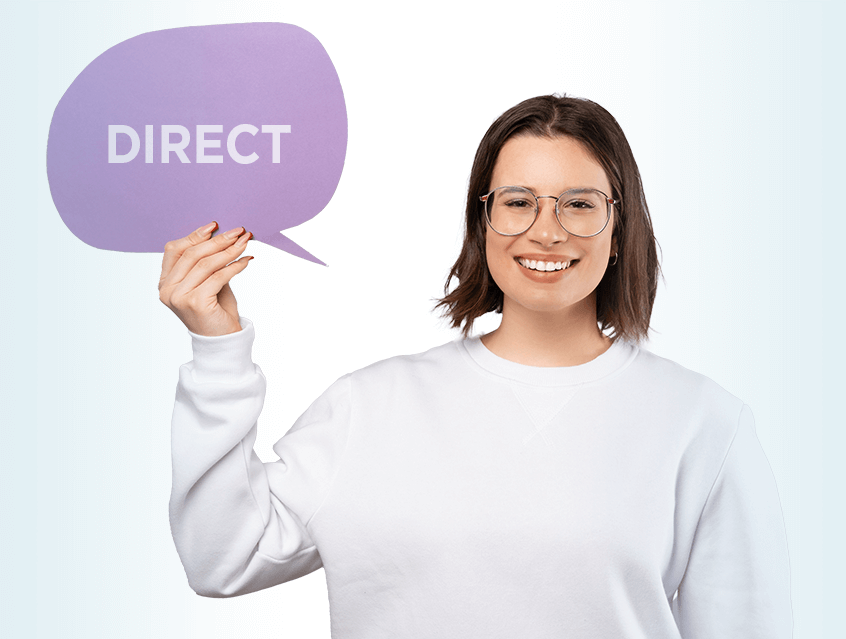 Woman in white sweatshirt holding purple bubble with the word direct
