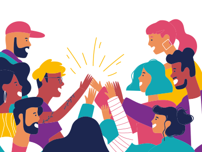 Group of colorful cartoon people high fiving