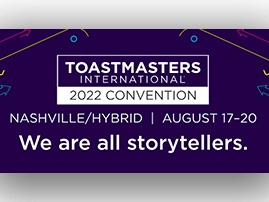 Purple advertisement for Toastmasters convention