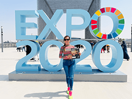 Neev Condes of Ajman, United Arab Emirates, poses at Expo 2020 in Dubai—a six-month event with pavilions representing 192 countries. Condes visited all 192 pavilions!