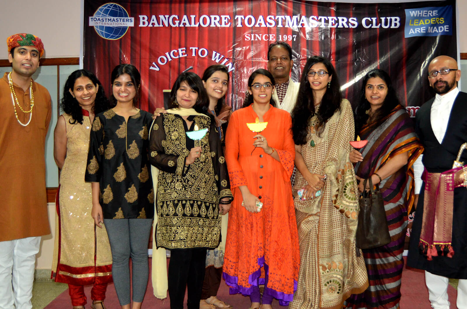 Members of the Bangalore Toastmasters club donned traditional Indian dress during their weekly meeting to celebrate Diwali festival.